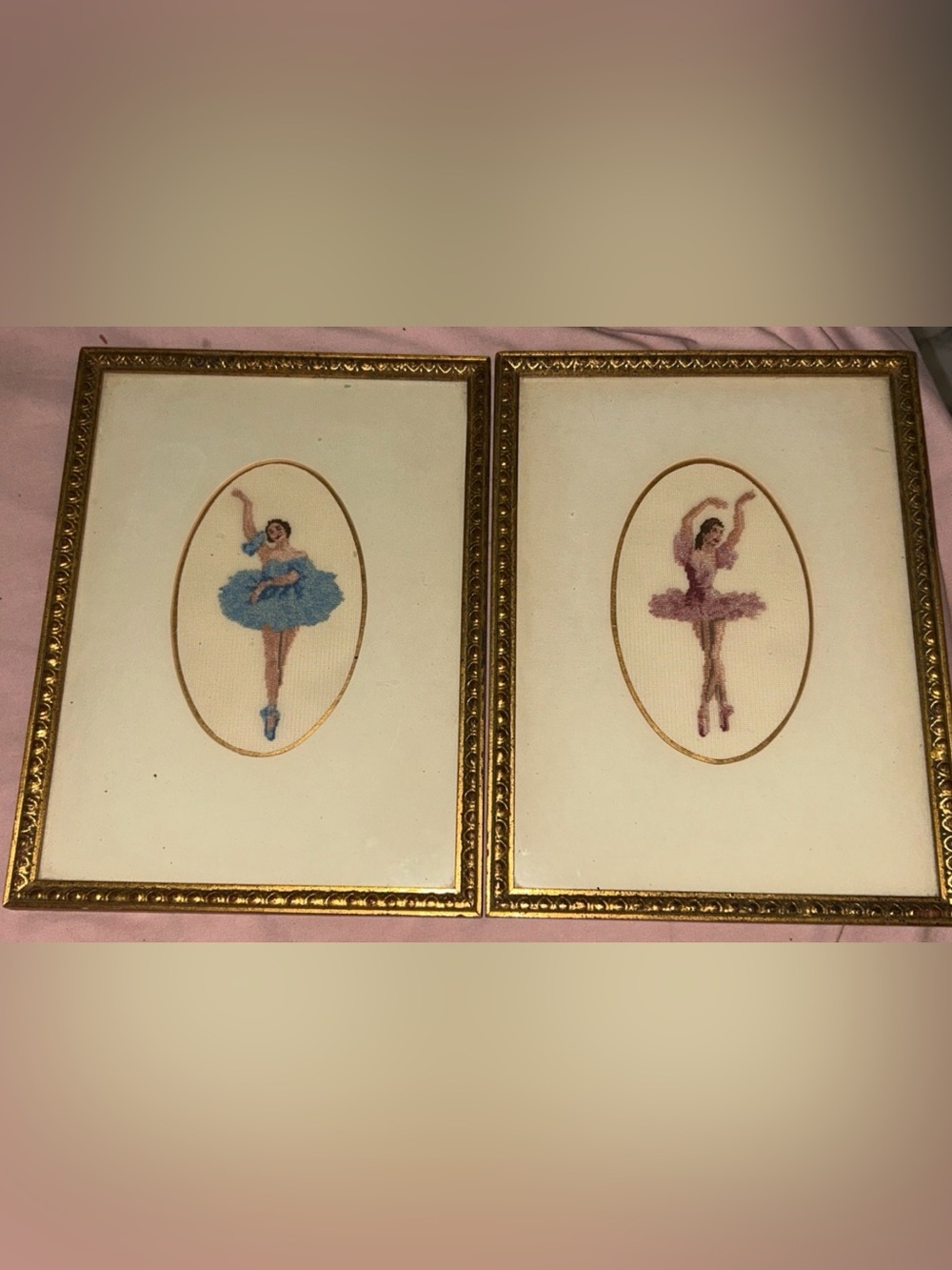 Pair of Vintage Ballerina needlepoint in GUMPS Gilt florentine frames,Blue&Pink